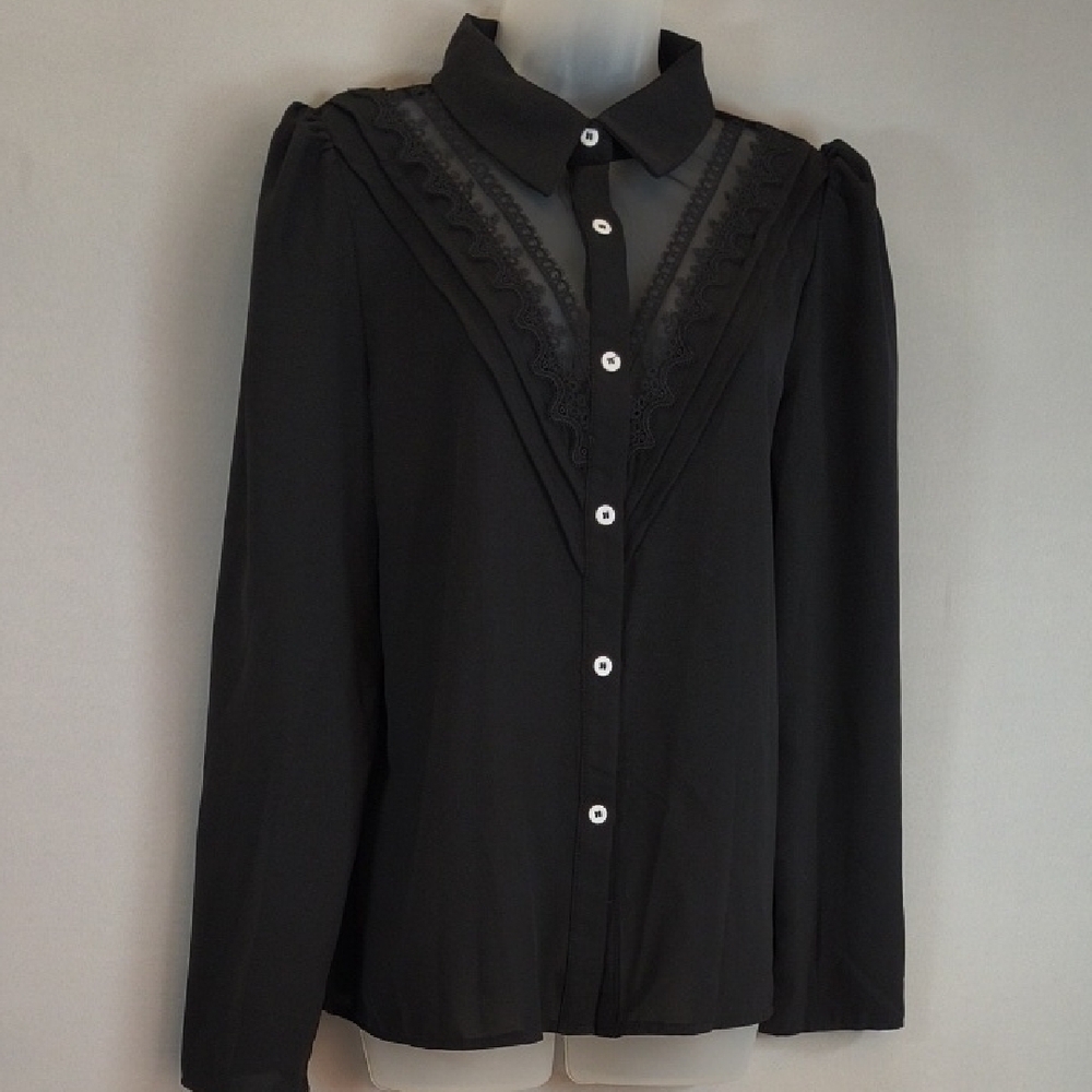 Shein Women's Black Lace-sheer Trim  Button-Up Blouse Long Sleeve Size L